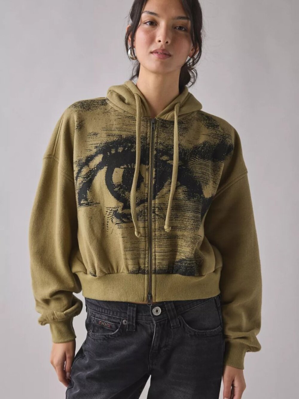 BDG Delaney Graphic Cropped Zip-Up Hoodie Sweatshirt